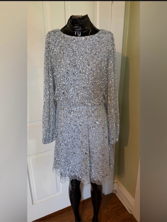 Adrianna Papell Dresses & Skirts - Adrianna Papell Silver Sequin Long-Sleeve Beaded A-Line Cocktail Dress - Size 6